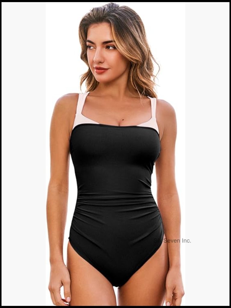 Square Neck Adjustable Straps One Piece Swimsuit Color Block Ruched